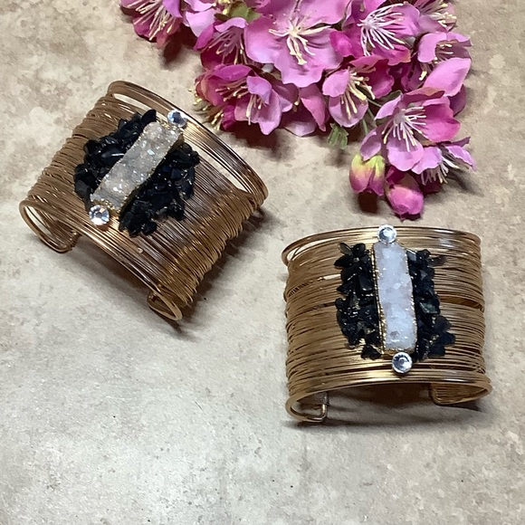 🌸 2PC BRACELET GOLD SET DRUZY BLING ONYX BUNDLE CUFF BOHEMIAN DIAMOND BOHO CHIC - Picture 7 of 7